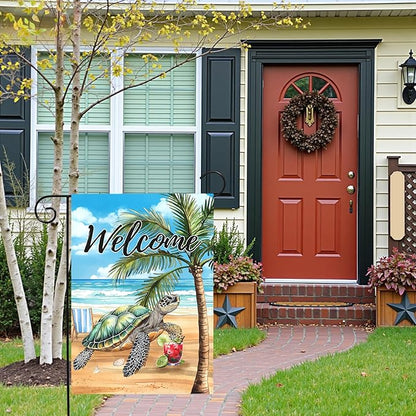 Welcome Garden Flag Sea Turtle Beach Scene Yard Flag Tropical Coastal Summer Double Sided Polyester Ocean Palm Tree Yard Flags for Lawn Porch Patio Nautical Seaside Outdoor Decor 12x18 Inch