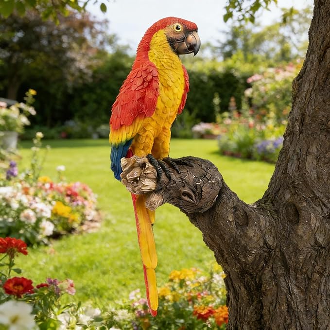 Hanging Parrot Statue Outdoor Decor for Garden, 13.6" Fairy Yard Wall Mount Figurines Home Tropical Parrot Sculptures for Lawn Patio Front Porch Backyard Fence (Red)