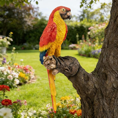 Hanging Parrot Statue Outdoor Decor for Garden, 13.6" Fairy Yard Wall Mount Figurines Home Tropical Parrot Sculptures for Lawn Patio Front Porch Backyard Fence (Red)