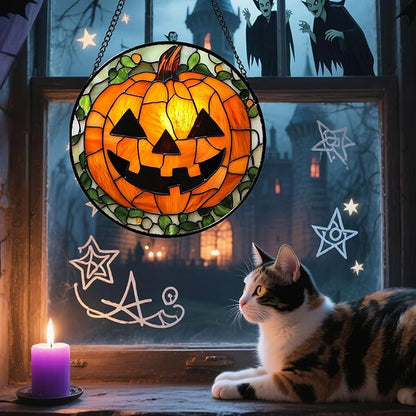 Stained Glass Window Hanging, Halloween Decorations Evil Pumpkin Suncatcher for Doors Garden Indoor Spooky Funny Orange Sun Catchers Gothic Decor Horror Gifts for Women Men Friend 6.3 in