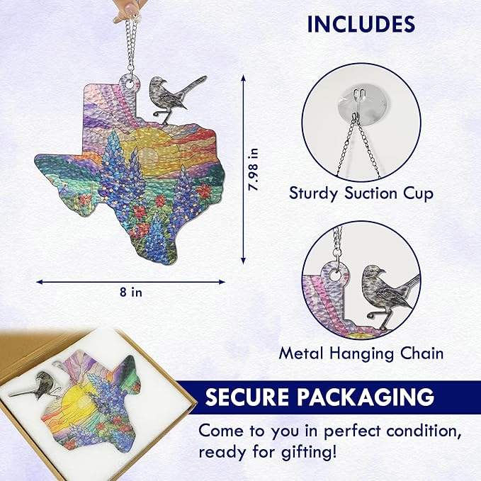 FLAGWIX Texas Gifts for Women Men - Stained Glass Window Hanging 8in - Mockingbird Bluebonnet Suncatchers for Windows Hanging, Texas Themed Gifts for Friends, House Warming Gift Ideas
