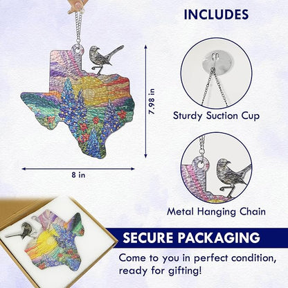 FLAGWIX Texas Gifts for Women Men - Stained Glass Window Hanging 8in - Mockingbird Bluebonnet Suncatchers for Windows Hanging, Texas Themed Gifts for Friends, House Warming Gift Ideas