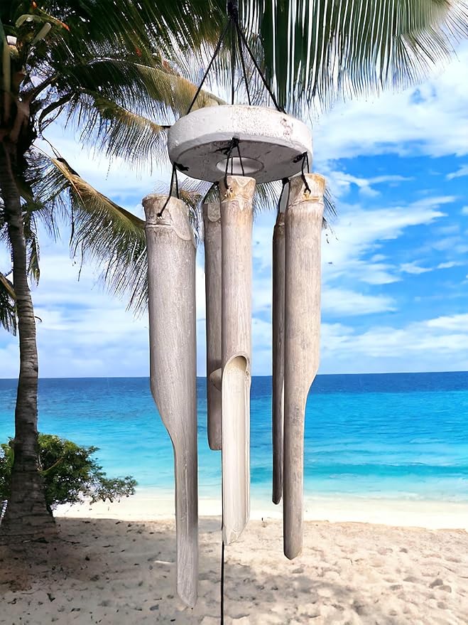 Coastal Pelican Windchime – Whitewashed Bamboo & Distressed White Wood Hanging Outdoor Garden Décor – Relaxing Calming Deep Tones