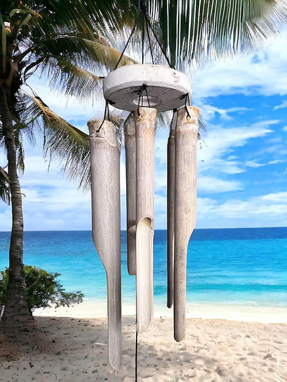 Coastal Pelican Windchime – Whitewashed Bamboo & Distressed White Wood Hanging Outdoor Garden Décor – Relaxing Calming Deep Tones
