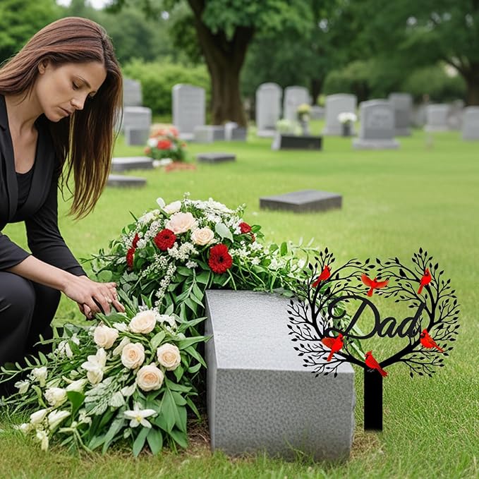 Memorial Grave Stake for Dad with Tree of Life and Cardinals - Metal Sympathy Grave Marker, Rust-Resistant Cemetery Garden Decoration(DAD)