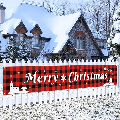 Probsin Large Merry Christmas Banner 120" x 20" Double Printed Xmas Decoration Red Buffalo Plaid Hanging Huge Sign Holiday Party Supplies Home Decor for Outdoor,Indoor,Yard,Garden,Porch,Lawn