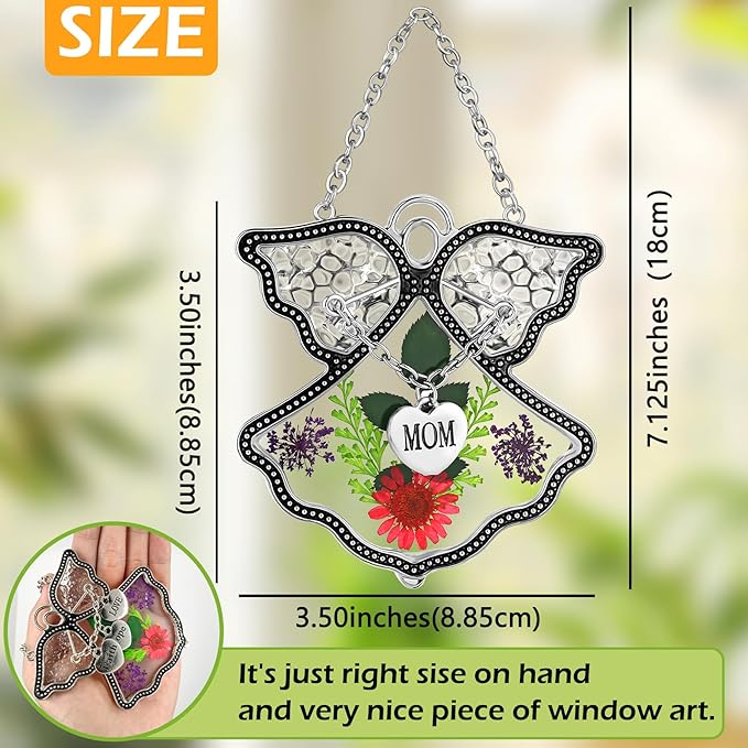 KY&BOSAM Angel Suncatcher Mom Stained Glass Suncatcehesr for Windows Hangings Wind Chime with Pressed Drived Real Flower and Metal Charm Gifts for Mom Mothers Day Valentine's Birthday Christmas Decor