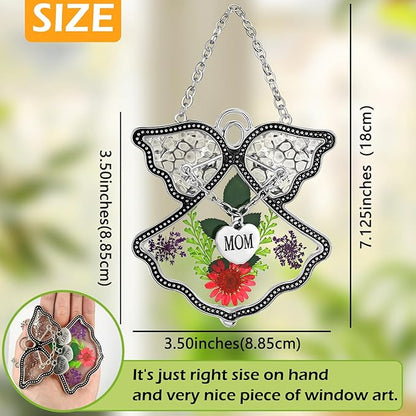 KY&BOSAM Angel Suncatcher Mom Stained Glass Suncatcehesr for Windows Hangings Wind Chime with Pressed Drived Real Flower and Metal Charm Gifts for Mom Mothers Day Valentine's Birthday Christmas Decor