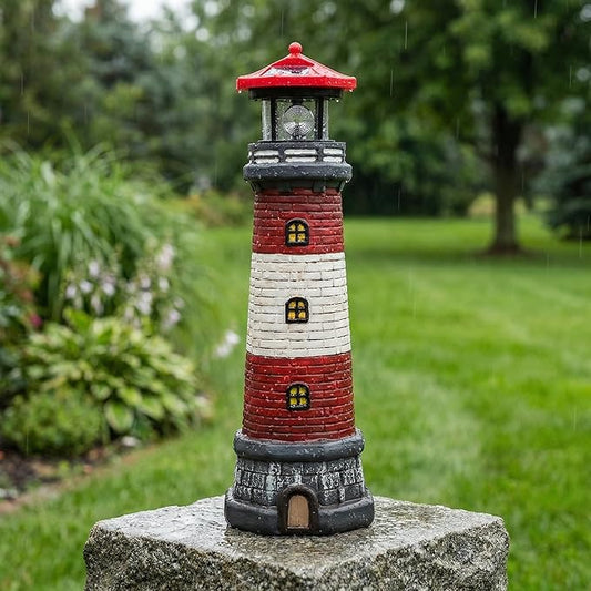 Solar Lighthouse Outdoor Statues, 360° Rotating Beacon Garden Lighthouse, 15" Light House for Outside Garden Yard Decor, Waterproof Resin Nautical Figurines for Patio Lawn Landscape Lighting (Red)