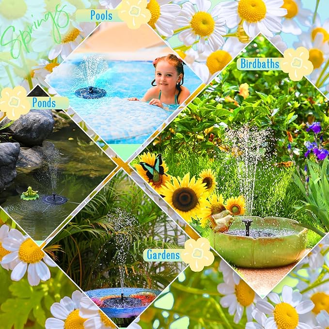 Solar Fountain with 6 Nozzles, 2026 Upgraded Solar Water Fountains Free Standing Floating Solar Water Pump for Bird Bath, Garden, Pond, Pool and Fish Tank