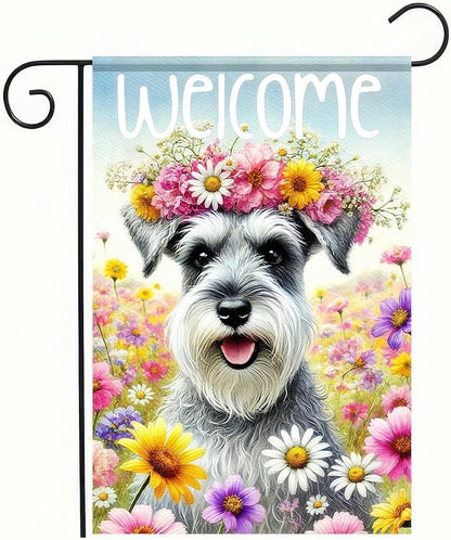 BlissYard Welcome Spring Summer Garden Flag 12 X18 Inch Double Sided FlowersDog Schnauzer Decorative Garden Flag Puppy Floral Seasonal Home Decor Banner for Oursid Outdoor Spring Garden Decor