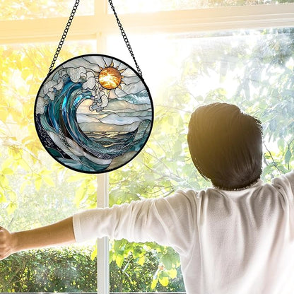 DASTOLL Stained Glass Window Hanging, Blue Night Moon Lake Sun Catchers Colorful Glass Panel Landscape Suncatcher Decor for Birthday for Women, Men, Wife, Aunt, and Mom 11.8x11.8 in
