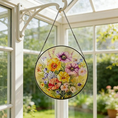 Stained Glass Window Hanging, 9.8 Inch Poppy & Wildflower Suncatcher for Window Hanging, Vibrant Glass Art for Garden Home Window Decor, Gift for Mom, Grandma, Wife, Nana