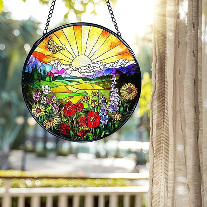 kdqua Sunshine Flower Suncatcher Stained Glass Window Hanging, Cottagecore Sunset Wildflower Sun Catchers Indoor Window Glass Round Wall Decor, Floral Wall Art Hanging Decorations Statues, 7.9x7.9in