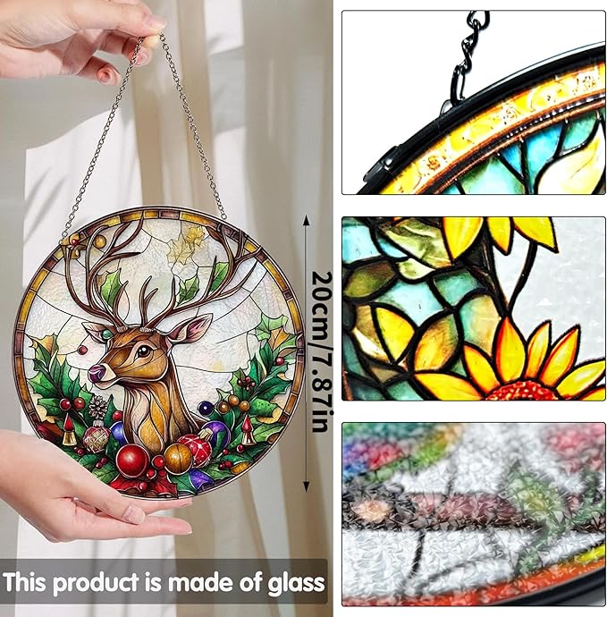 Bimkole Deer Stained Glass Suncatcher Window Hanging - Animal Indoor Window or Doorway Decoration - Handmade Sun Catcher Decor for Garden Home Christmas & Birthday Gifts 7.87x7.87 inch