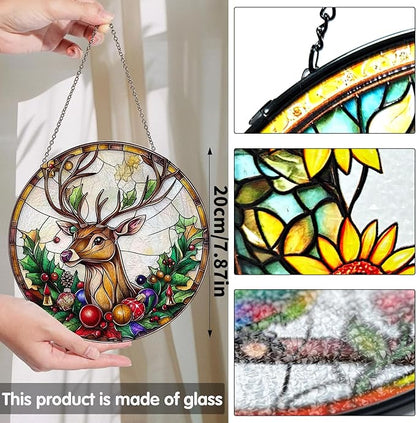 Bimkole Deer Stained Glass Suncatcher Window Hanging - Animal Indoor Window or Doorway Decoration - Handmade Sun Catcher Decor for Garden Home Christmas & Birthday Gifts 7.87x7.87 inch