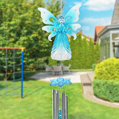 Exhart Wind Chimes, Solar Angel Wind Chime with Metal Wings, 13 LED Firefly Lights, Blue Acrylic Large Lawn and Yard Decoration, 6.5 x 4 x 42 Inch