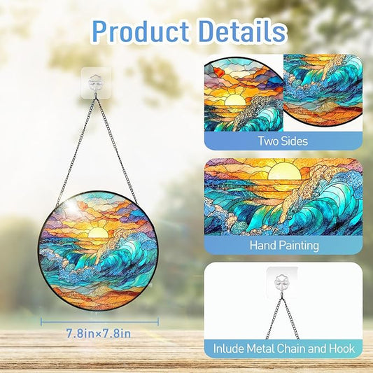 7.8 Inch Stained Glass Window Hanging Sunrise Clouds Sea Waves Sandbeach Sun Catcher Indoor Window Door Wall Yard Home Decor Scenery Colorful Glass Panel Suncatcher Gifts for Women Men Mom Grandma