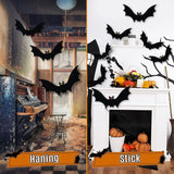 Hanging Bats Halloween Decorations 12pcs 3D Realistic Halloween Hanging Flying Bat with Glowing Eyes for Outdoor (3 Styles)