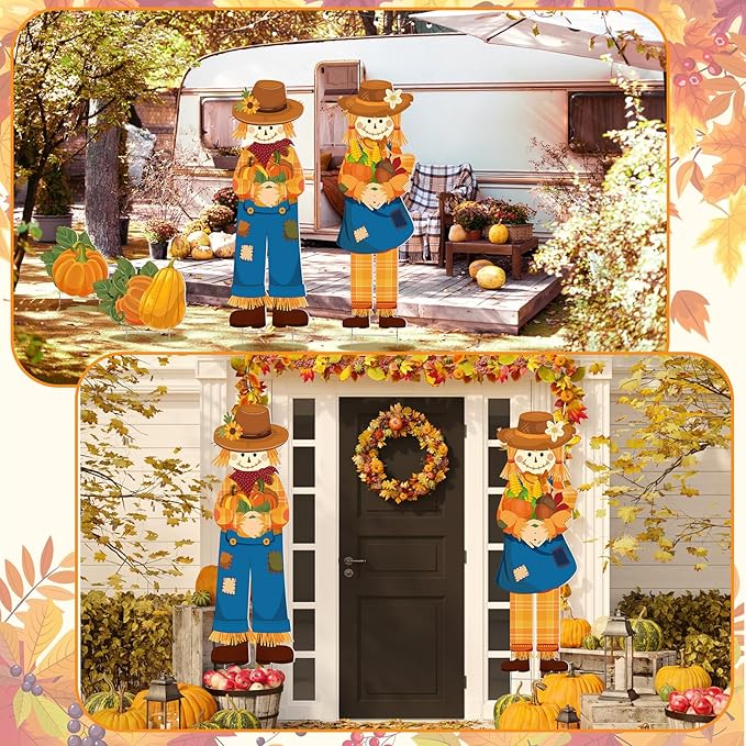 Geetery 4 Pieces Thanksgiving Outdoor Decorations Fall Yard Stake Scarecrow Pilgrim Pumpkins Porch Sign with Stake Autumn Harvest Garden Decor for Outside Lawn Decoration 32.28 x 10.47 Inch(Scarecrow)