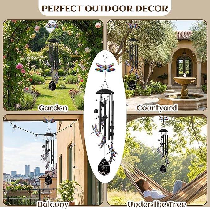Novabright Dragonfly Wind Chimes for Outside 35" Black Metal Wind Chime Soothing Tones Memorial Windchimes Decor Dragonfly Gifts for Women Men Outdoor Garden Yard Patio Decor Memorial Birthday Gifts