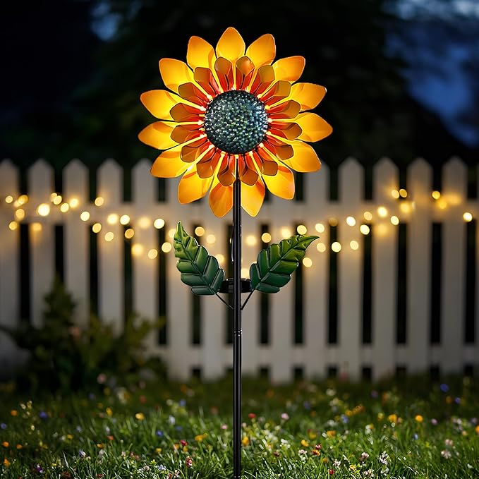 Sunflower Solar Wind Spinners for Yard and Garden - 52" Metal Windmill Ligths with LED Wind Sculptures with Stake for Lawn Patio Decor