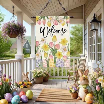 Baccessor Welcome Easter House Flag 28 x 40 Inch, Double Sided Burlap Tulip Daffodil Colorful Eggs Farmhouse Large Yard Flag Seasonal Holiday Spring Easter Outdoor Decor