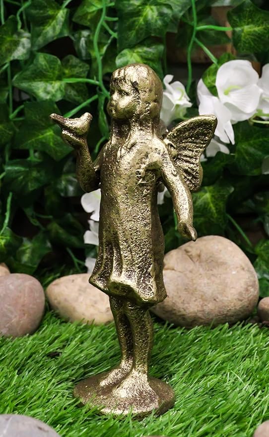Ebros Gift Cast Iron Rustic Antique Finish Enchanted Fantasy Fairy Garden Pixie Faerie Standing with Bluebird Figurine 7" H DIY Ideas for Your Home Collectible Fairies Elf Nymph Pixies