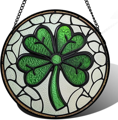 Stained Glass Window Hanging Green Lucky Clover 7.8" - Suncatcher Door Garden Sun Catcher Irish Decoration Birthday Christmas St. Patrick's for Mom Men Woman Nana