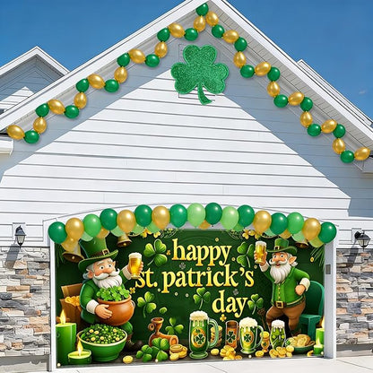St Patrick’s Day Garage Door Banner 157.5x70.9in Large Garage Door Cover Outdoor Shamrock Leprechaun Decorations for House Exterior Party Decor with Grommets Rope