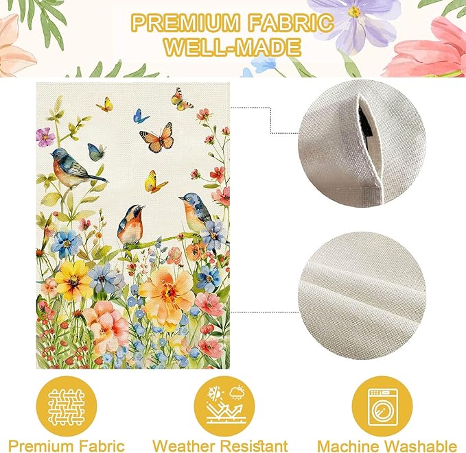 Baccessor Spring Floral Birds Garden Flag Double Sided 12.5x18 Inch Burlap with Clip and Stopper,Flower Butterflies Flag Seasonal Farmhouse Front Yard Lawn Summer Outside Outdoor Decoration