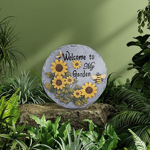Welcome to My Garden Stepping Stone Outdoor, Butterfly Flower Stone Statue for Garden, Funny Stepping Stone for Yard, Balcony, Patio, Lawn Decorative, Spring in Garden Collection (Daisy)