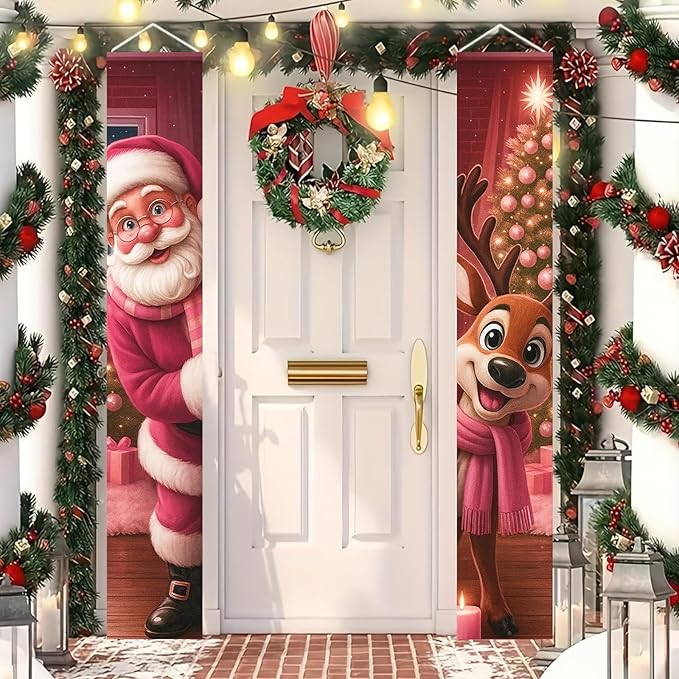BlissYard Christmas Porch Banners 12x71 Inch Merry Christmas Banner Snowflakes Reindeer Pink Santa Door Cover Winter Holiday Banner Xmas Door Decor Welcome Hanging Signs for Front Door Porch Outdoor Home Party Decorations
