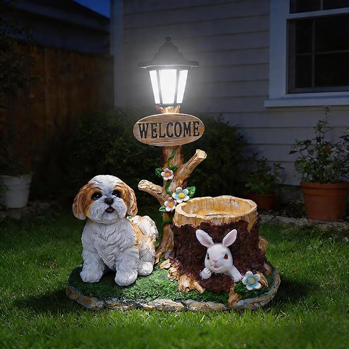 Solar Garden Statue with Planter & Solar Lantern, Outdoor Resin Animal Sculpture, Waterproof Yard Lawn Decor Pot for Succulents, Front Porch Ornament Housewarming Gift(Shih Tzu)