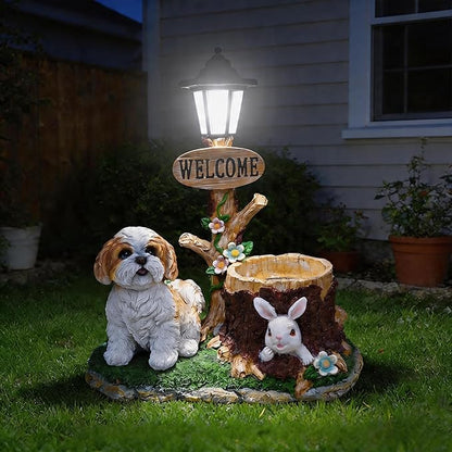 Solar Garden Statue with Planter & Solar Lantern, Outdoor Resin Animal Sculpture, Waterproof Yard Lawn Decor Pot for Succulents, Front Porch Ornament Housewarming Gift(Shih Tzu)