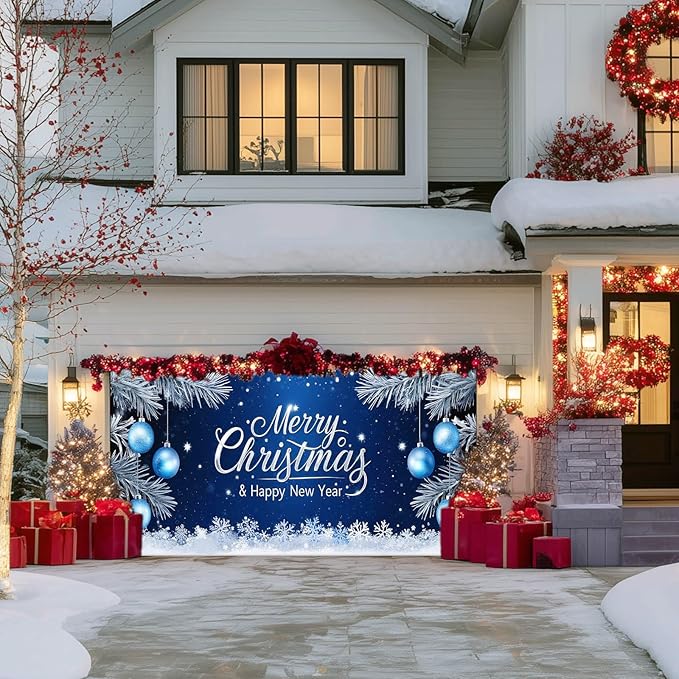IVN Christmas Garage Door Cover Decoration 13x6ft Blue Night Snowflakes Silver Ornaments Pine Branches Merry Christmas Winter Garage Door Banner Home Door Front Yard Decor for Xmas Eve Holiday Outdoor