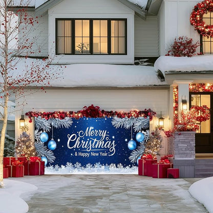 IVN Christmas Garage Door Cover Decoration 13x6ft Blue Night Snowflakes Silver Ornaments Pine Branches Merry Christmas Winter Garage Door Banner Home Door Front Yard Decor for Xmas Eve Holiday Outdoor
