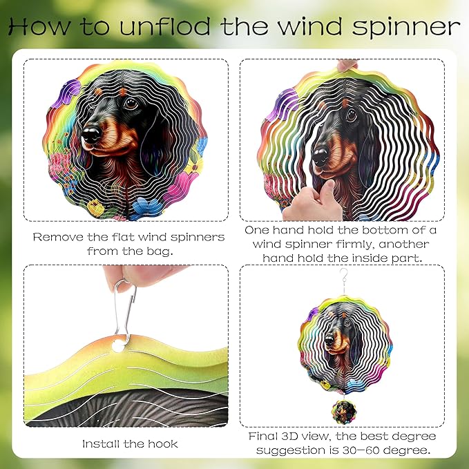 Hanging Wind Spinners Outdoor - Metal 3D Wind Spinner Stainless Steel Dachshund Decor for Patio Lawn Garden Indoor Balcony 12 Inch Kinetic Spinning Ornaments Birthday Gifts for Dog Lover