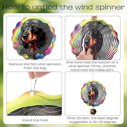 Hanging Wind Spinners Outdoor - Metal 3D Wind Spinner Stainless Steel Dachshund Decor for Patio Lawn Garden Indoor Balcony 12 Inch Kinetic Spinning Ornaments Birthday Gifts for Dog Lover