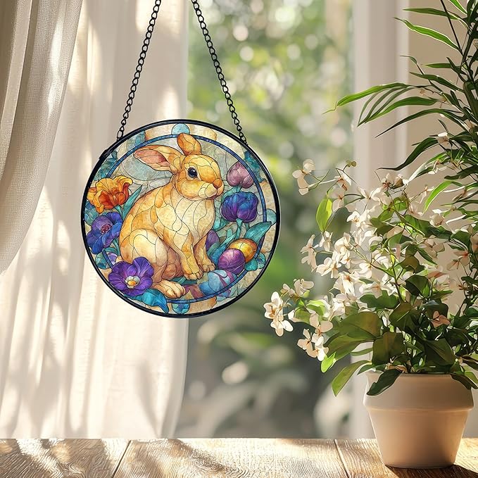 Easter Bunny Suncatcher Stained Glass Window Hanging, Bunny Rabbit Flower Sun Catchers Indoor Window Glass Wall Art Decor, Easter Wall Hanging Decor Decorations, 7.9x7.9 Inch