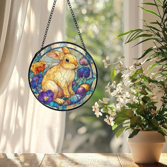Easter Bunny Suncatcher Stained Glass Window Hanging, Bunny Rabbit Flower Sun Catchers Indoor Window Glass Wall Art Decor, Easter Wall Hanging Decor Decorations, 7.9x7.9 Inch