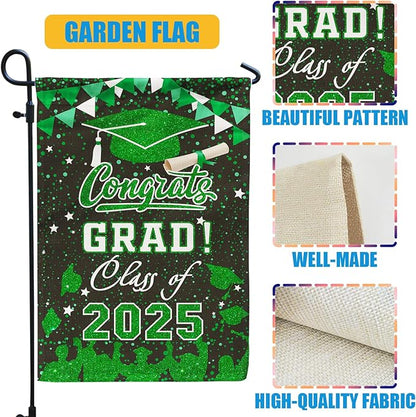 Graduation Garden Flag Class of 2025, Green Congrats Grade Flag for Outside Party Hanging Decorations 12x18 Inch Burlap