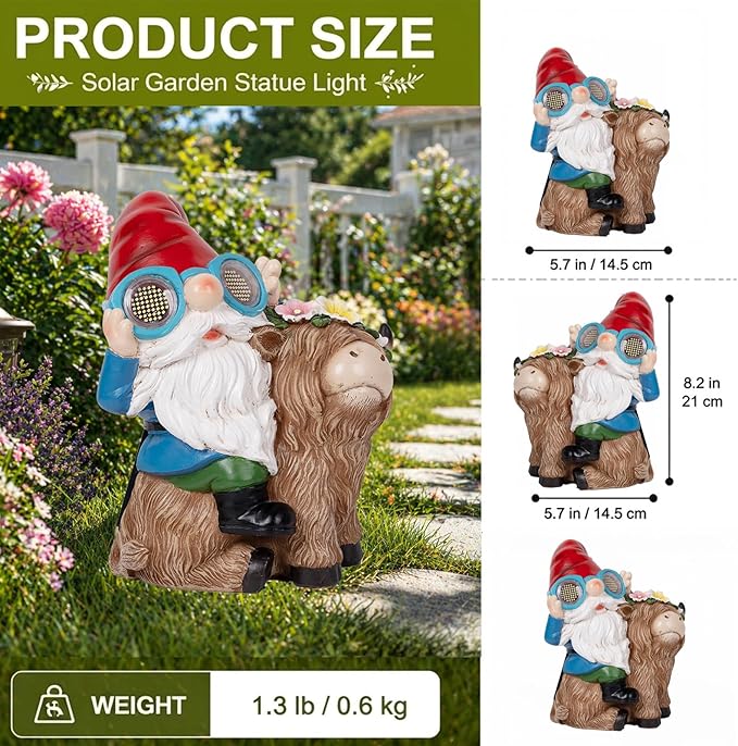 ZQQLITE Garden Gnome Statue Sitting Highland Cow Figurine with Flower Wreath, Solar LED Lights Outdoor Telescope Weatherproof Yard Art Decor for Patio Lawn, Housewarming Gifts for Women Mom