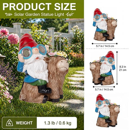 ZQQLITE Garden Gnome Statue Sitting Highland Cow Figurine with Flower Wreath, Solar LED Lights Outdoor Telescope Weatherproof Yard Art Decor for Patio Lawn, Housewarming Gifts for Women Mom