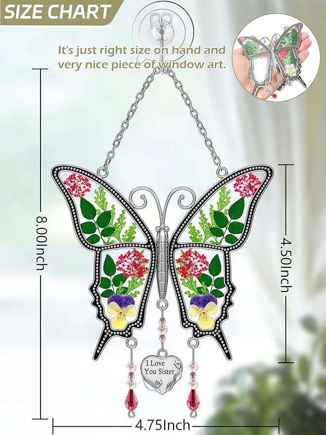 KY&BOSAM Butterfly Suncatcher I Love You Sister Stained Glass for Windows Hanging Wind Chime Pressed Flower and Metal Heart Charm for Sister Birthday Valentine`s Day Christmas Décor
