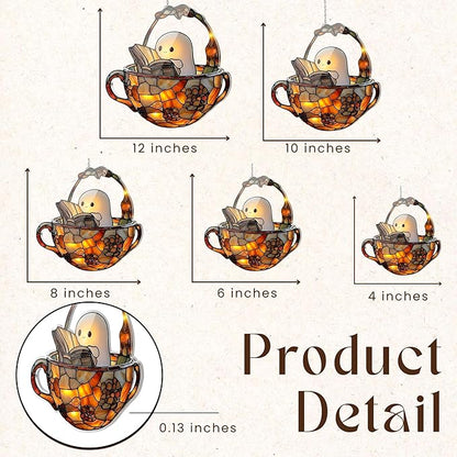 Reading Ghost Teacup Acrylic Suncatcher, Bookish Suncatchers for Window Hanging Ornament, Art Garden Decor for Book Lover Reader Bookworm, Gifts for Mother's Day, Mom, Grandma, Wife, Women, Nana