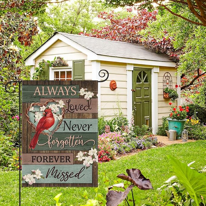 AVOIN colorlife Cardinal Memorial Garden Flag 12x18 Inch Double Sided Outside, Always Loved Never Forgotten Memorial Day Gravesite Saying Yard Outdoor Decoration
