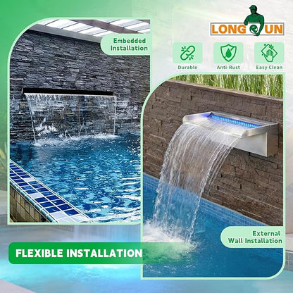 LONGRUN with lid Stainless Steel Waterfall Spillway, APP Control Multi-Color LED Light Outdoor Pool Fountain, Water Spillway Koi Pond Waterfalls Fountains Kit for Garden Patio Swimming Pool-23.6"