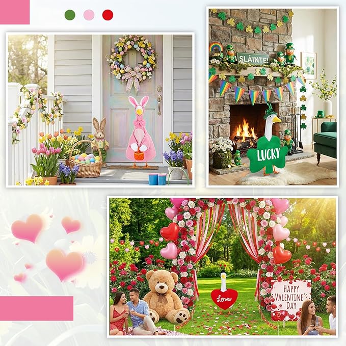 Abbylike 3 Sets St. Patrick's Day Porch Goose Outfits Lucky Shamrock Clover Yard Goose Clothes Easter Spring Lawn Costume for 23 Inch Cement Patio Garden Outdoor Statue Art Decorations