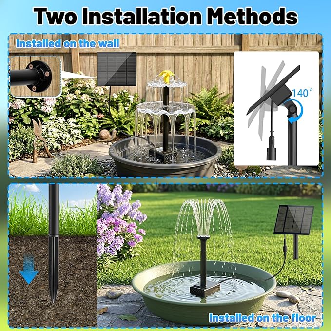Yeomi Solar Water Fountain for Bird Bath, Upgrade 2W 7V Solar Powered Water Pump with Adjustable Flow, Solar Fountain Kit for Bird Baths Small Pond Garden Water Feature